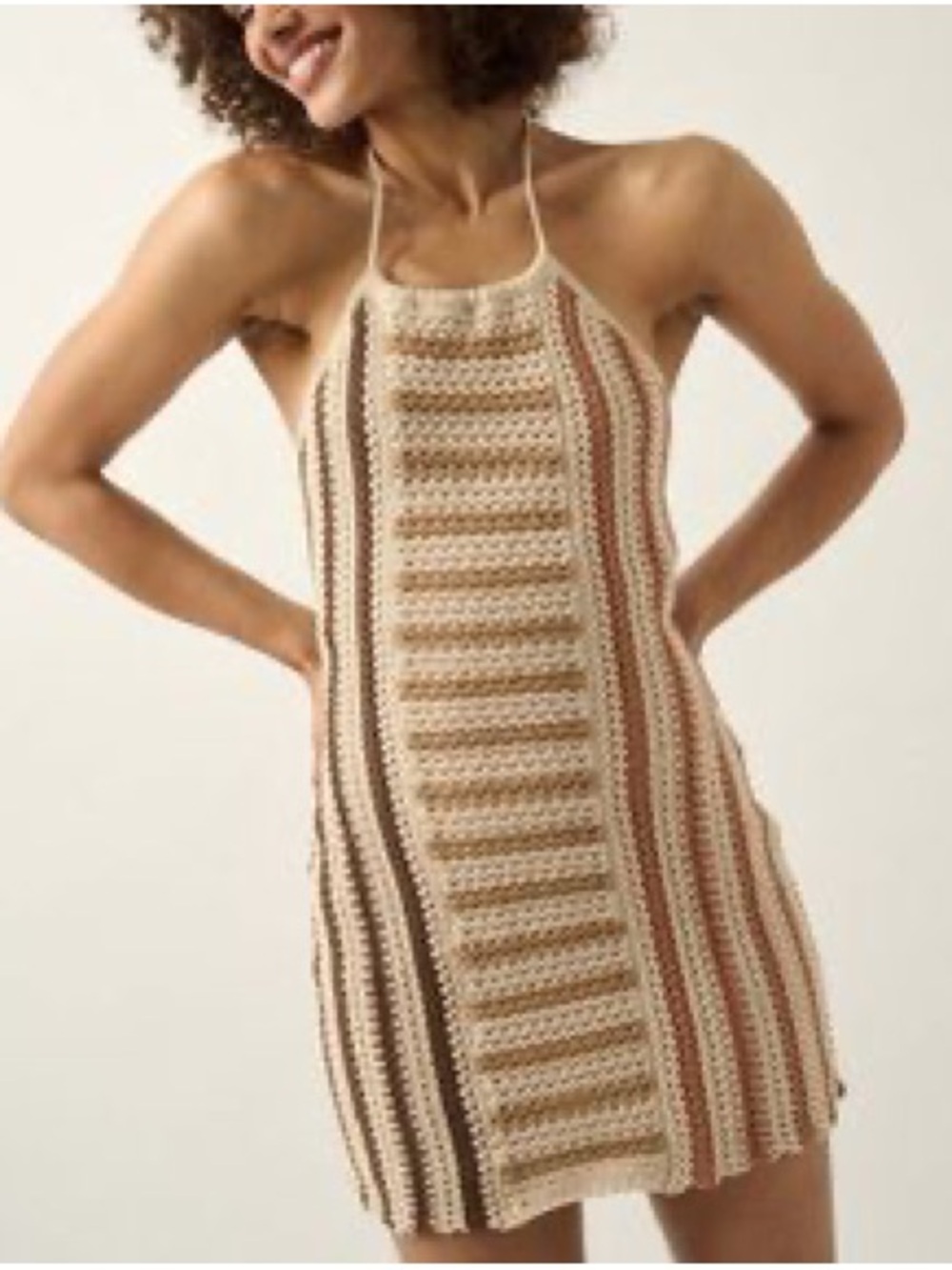 Promesa Striped Crochet Halter Mini Dress Cream Boho Small Like New